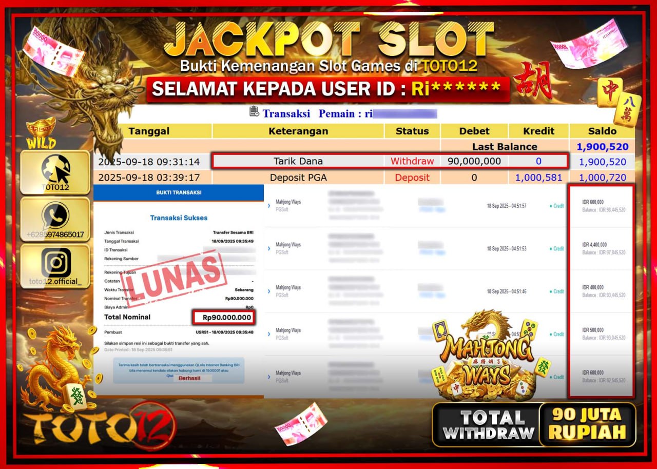 HANYA DI TOTO12 JP PASTI DI BAYAR LUNAS DAN CEPAT!!!!!! JACKPOT SLOT GAME (MAHJONG WAYS) Rp.90.000.000 !!!!
