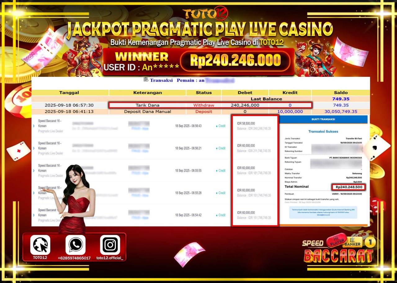 HANYA DI TOTO12 JP PASTI DI BAYAR LUNAS DAN CEPAT!!!!!! JACKPOT PRAGMATIC PLAY LIVE CASINO (SPEED BACCARAT 16 KOREAN) Rp.240.246.000 !!!!