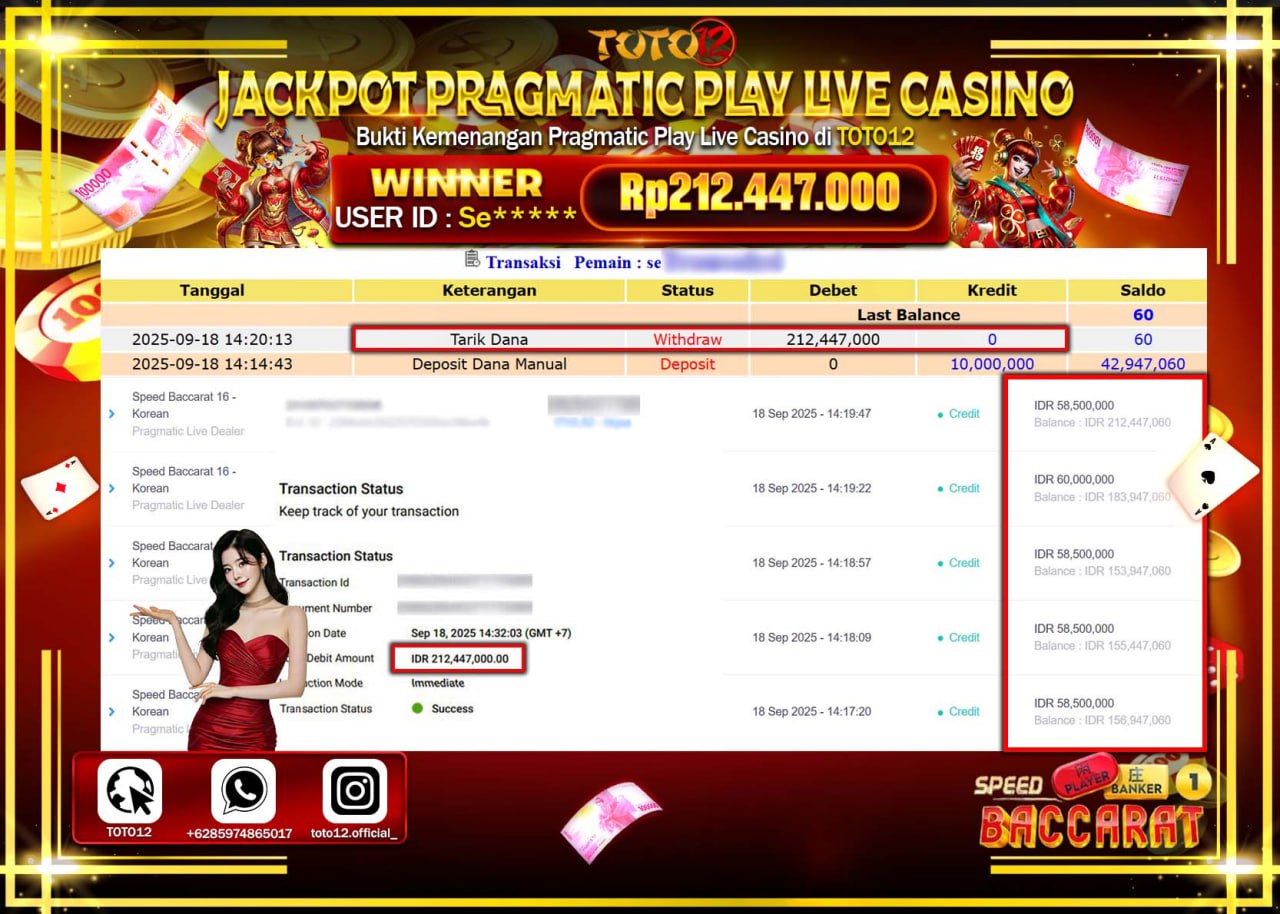 HANYA DI TOTO12 JP PASTI DI BAYAR LUNAS DAN CEPAT!!!!!! JACKPOT PRAGMATIC PLAY LIVE CASINO (SPEED BACCARAT 16 KOREAN) Rp.212.447.000 !!!!