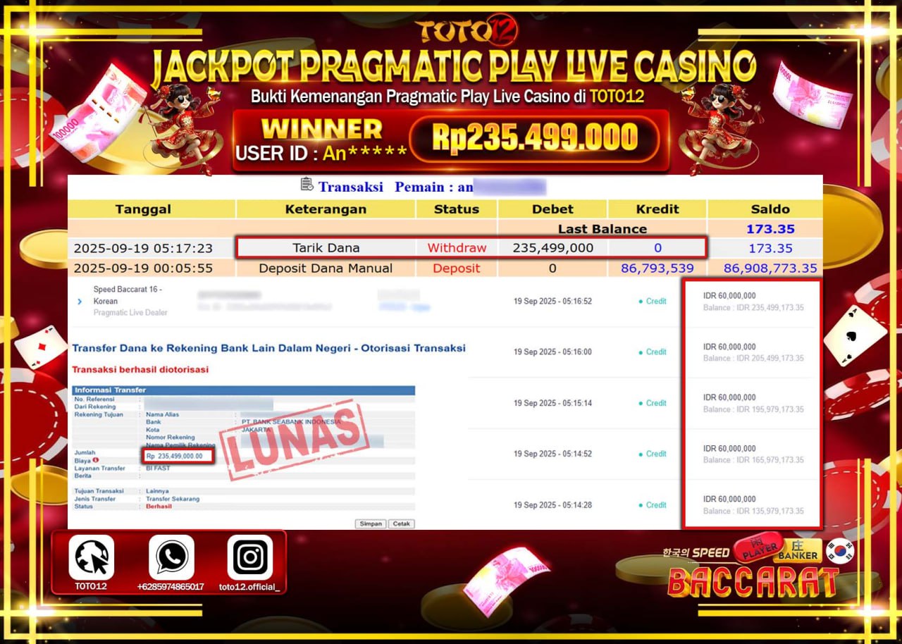 HANYA DI TOTO12 JP PASTI DI BAYAR LUNAS DAN CEPAT!!!!!! JACKPOT PRAGMATIC PLAY LIVE CASINO (SPEED BACCARAT 16 KOREAN) Rp.235.499.000 !!!!