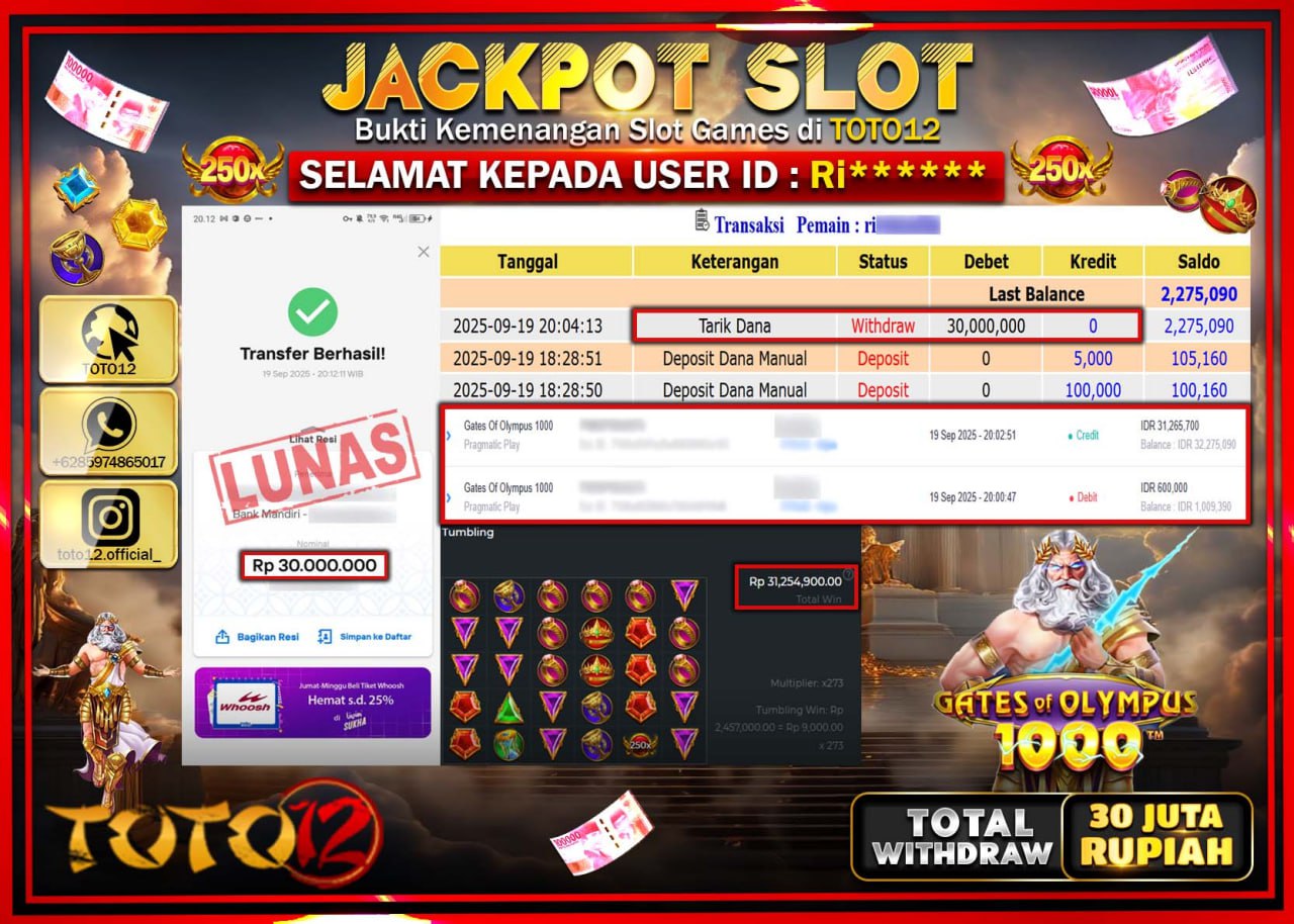 HANYA DI TOTO12 JP PASTI DI BAYAR LUNAS DAN CEPAT!!!!!! JACKPOT SLOT GAME (GATES OF OLYMPUS 1000) Rp.30.000.000 !!!!
