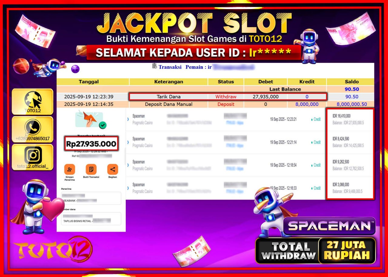 HANYA DI TOTO12 JP PASTI DI BAYAR LUNAS DAN CEPAT!!!!!! JACKPOT SLOT GAME (SPACEMAN) Rp.27.935.000 !!!!