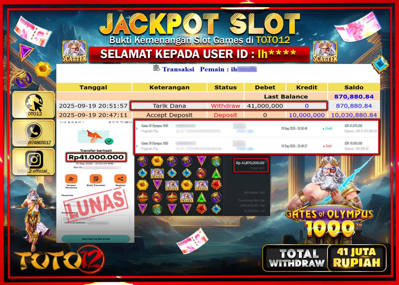 HANYA DI TOTO12 JP PASTI DI BAYAR LUNAS DAN CEPAT!!!!!! JACKPOT SLOT GAME (GATES OF OLYMPUS 1000) Rp.41.000.000 !!!!
