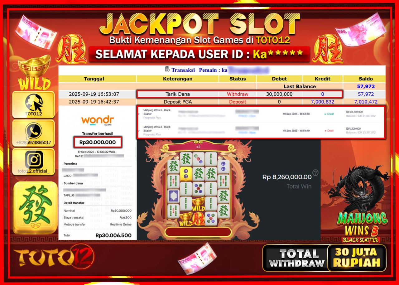 HANYA DI TOTO12 JP PASTI DI BAYAR LUNAS DAN CEPAT!!!!!! JACKPOT SLOT GAME (MAHJONG WINS 3 BLACK SCATTER) Rp.30.000.000 !!!!