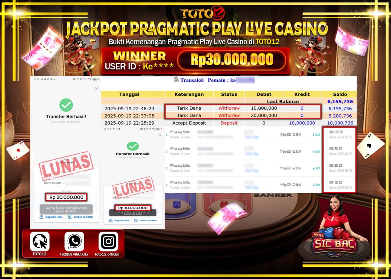 HANYA DI TOTO12 JP PASTI DI BAYAR LUNAS DAN CEPAT!!!!!! JACKPOT PRAGMATIC PLAY LIVE CASINO (MEGA SIC BAC) Rp.30.000.000 !!!!
