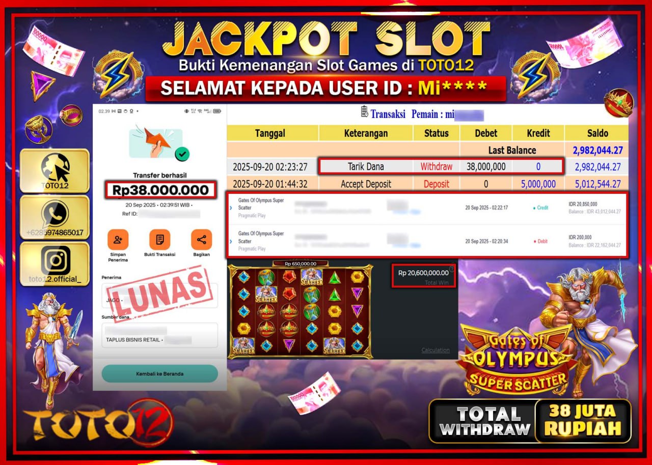 HANYA DI TOTO12 JP PASTI DI BAYAR LUNAS DAN CEPAT!!!!!! JACKPOT SLOT GAME (GATES OF OLYMPUS SUPER SCATTER) Rp.38.000.000 !!!!