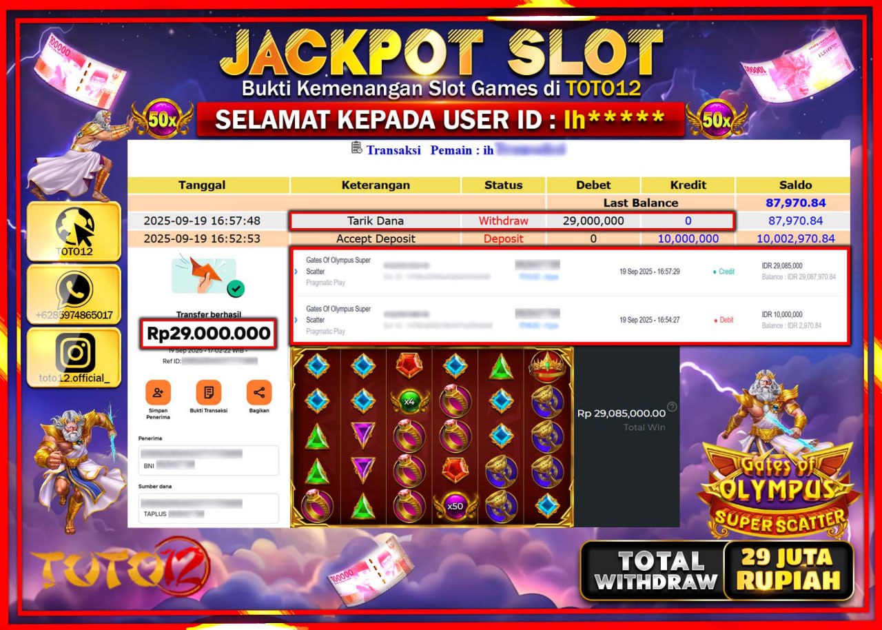 HANYA DI TOTO12 JP PASTI DI BAYAR LUNAS DAN CEPAT!!!!!! JACKPOT SLOT GAME (GATES OF OLYMPUS SUPER SCATTER) Rp.29.000.000 !!!!