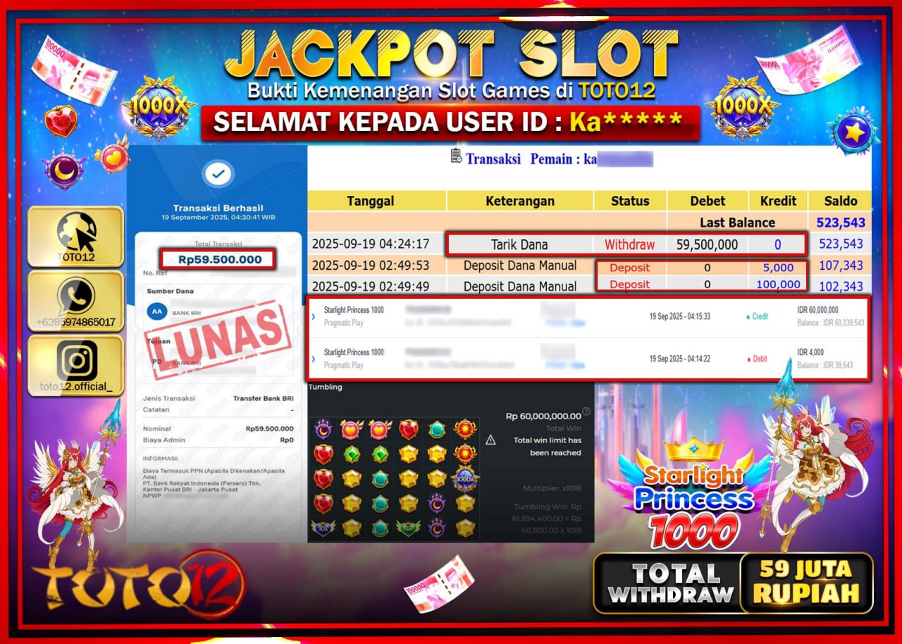 HANYA DI TOTO12 JP PASTI DI BAYAR LUNAS DAN CEPAT!!!!!! JACKPOT SLOT GAME (STARLIGHT PRINCESS 1000) Rp.59.500.000 !!!!