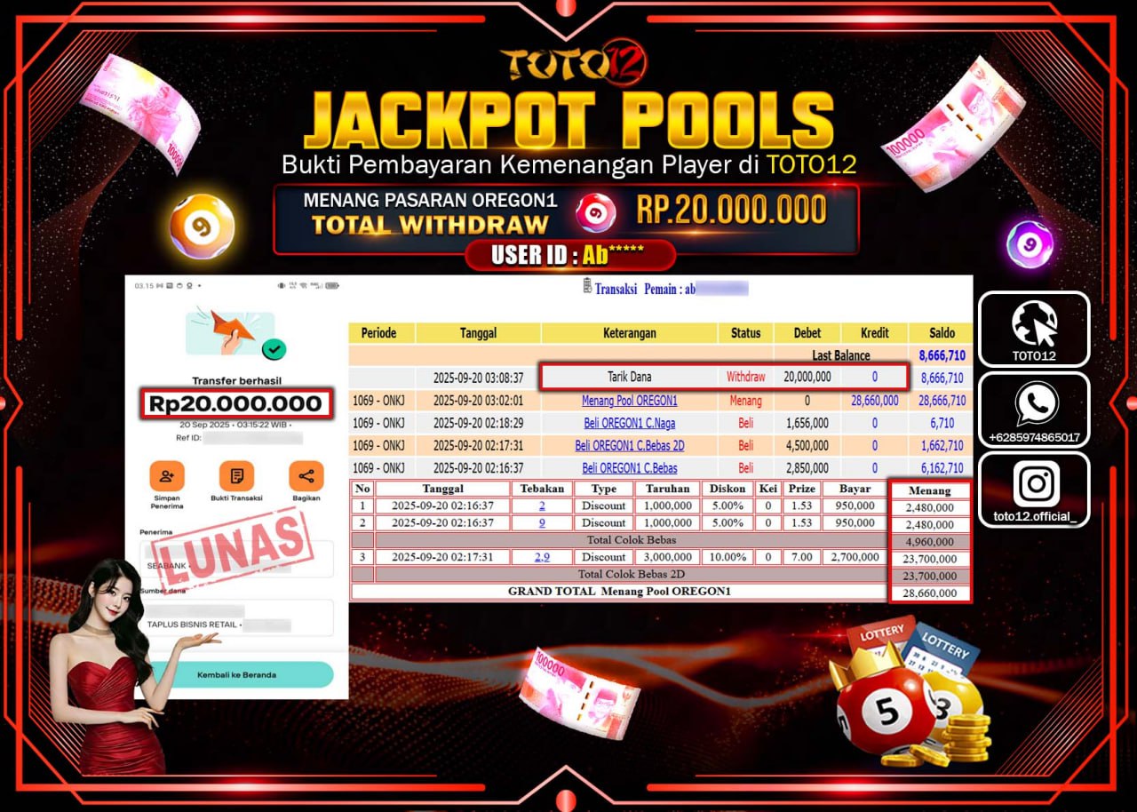 HANYA DI TOTO12 JP PASTI DI BAYAR LUNAS DAN CEPAT!!!!!! JACKPOT POOLS PASARAN (OREGON 1) Rp.20.000.000 !!!!