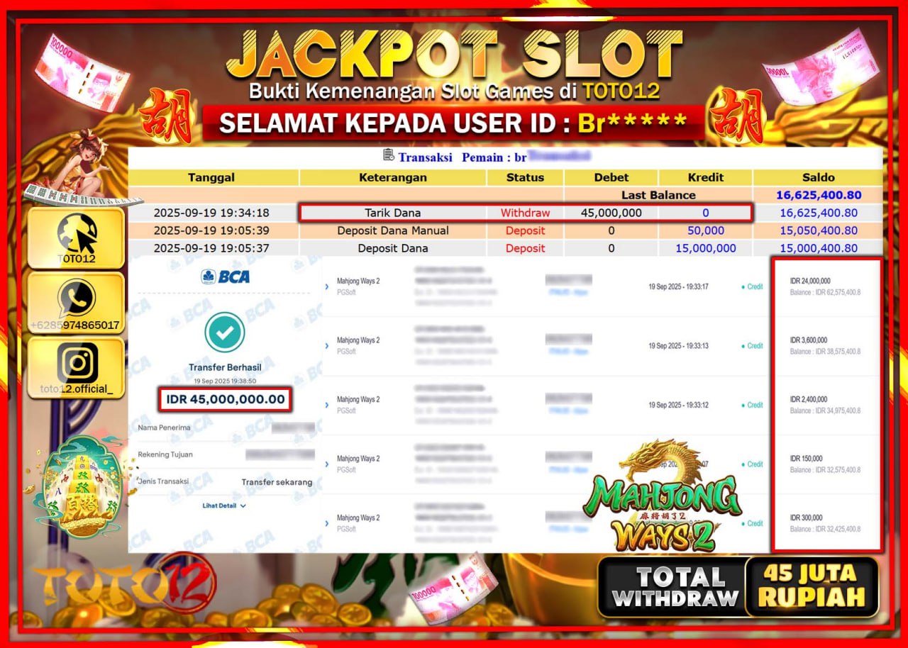 HANYA DI TOTO12 JP PASTI DI BAYAR LUNAS DAN CEPAT!!!!!! JACKPOT SLOT GAME (MAHJONG WAYS 2) Rp.45.000.000 !!!!