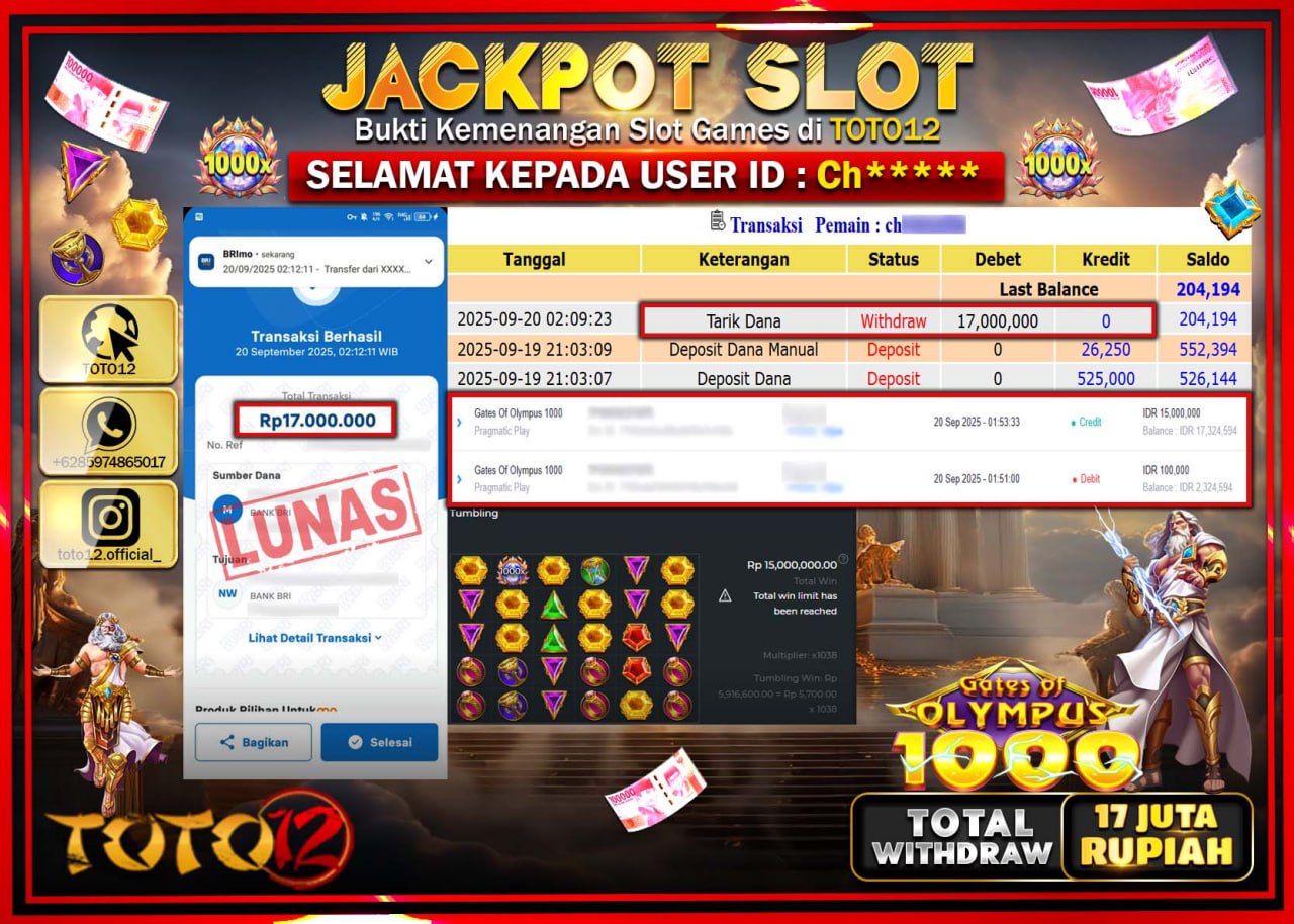 HANYA DI TOTO12 JP PASTI DI BAYAR LUNAS DAN CEPAT!!!!!! JACKPOT SLOT GAME (GATES OF OLYMPUS 1000) Rp.17.000.000 !!!!