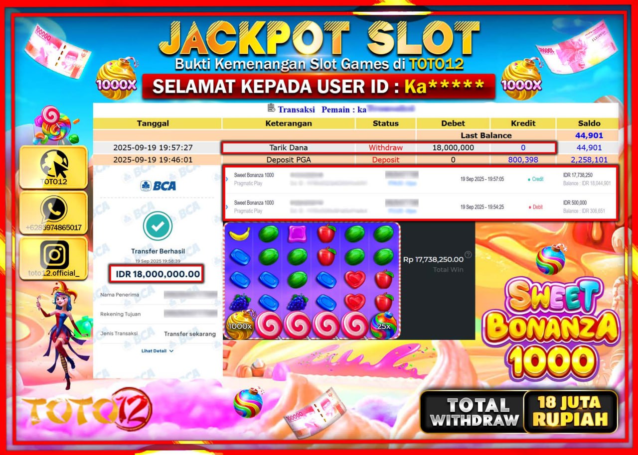 HANYA DI TOTO12 JP PASTI DI BAYAR LUNAS DAN CEPAT!!!!!! JACKPOT SLOT GAME (SWEET BONANZA 1000) Rp.18.000.000 !!!!