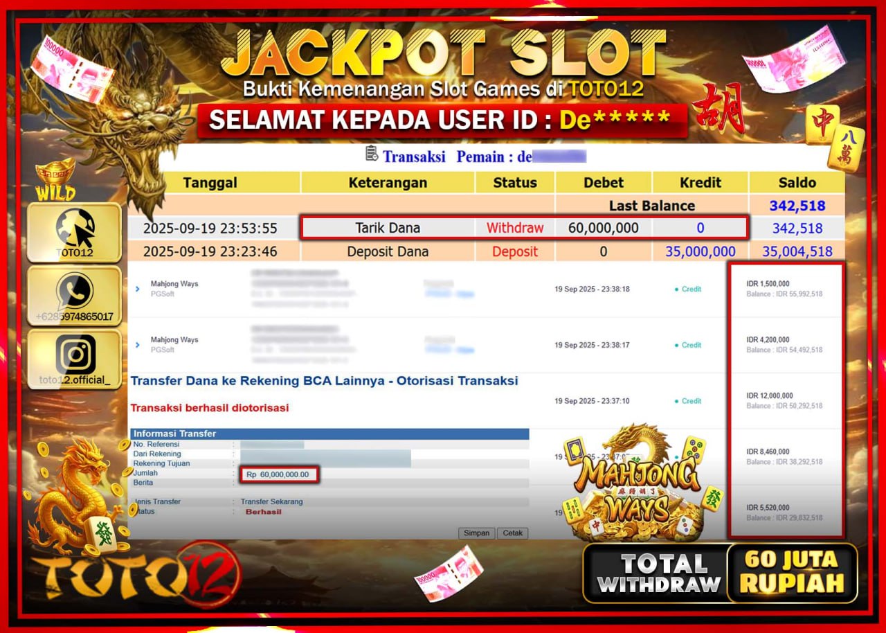 HANYA DI TOTO12 JP PASTI DI BAYAR LUNAS DAN CEPAT!!!!!! JACKPOT SLOT GAME (MAHJONG WAYS) Rp.60.000.000 !!!!