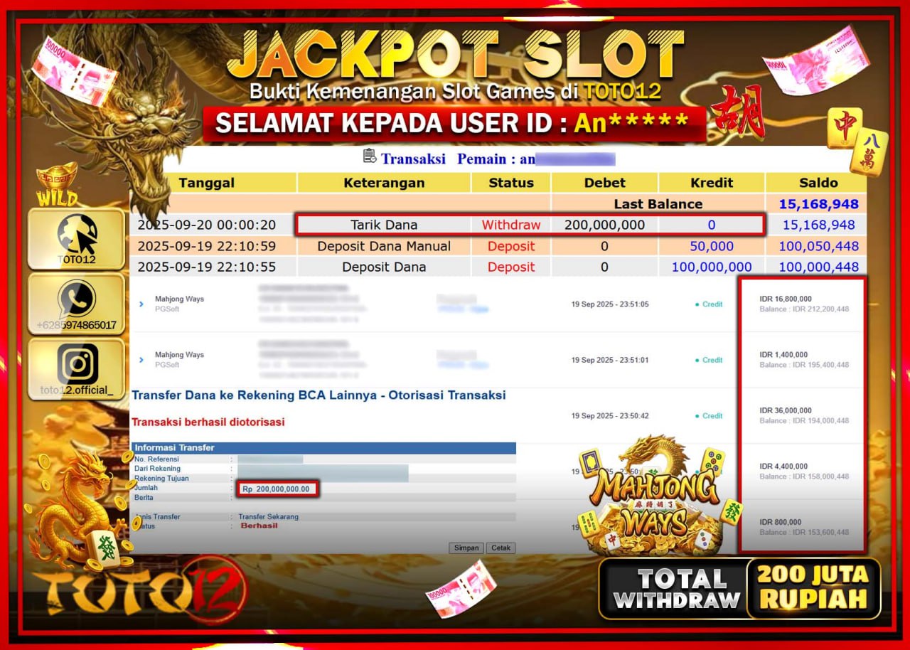 HANYA DI TOTO12 JP PASTI DI BAYAR LUNAS DAN CEPAT!!!!!! JACKPOT SLOT GAME (MAHJONG WAYS) Rp.200.000.000 !!!!