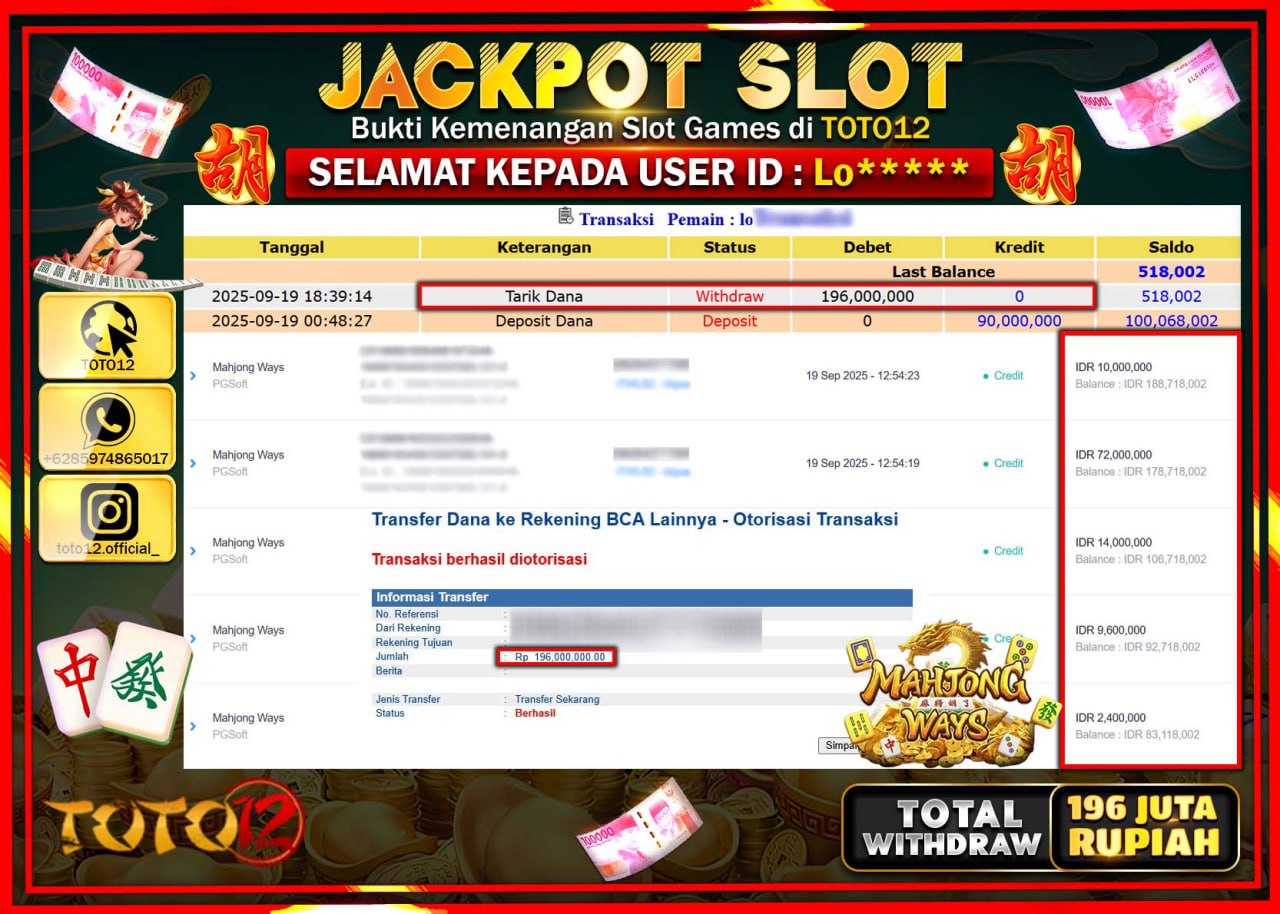 HANYA DI TOTO12 JP PASTI DI BAYAR LUNAS DAN CEPAT!!!!!! JACKPOT SLOT GAME (MAHJONG WAYS) Rp.196.000.000 !!!!