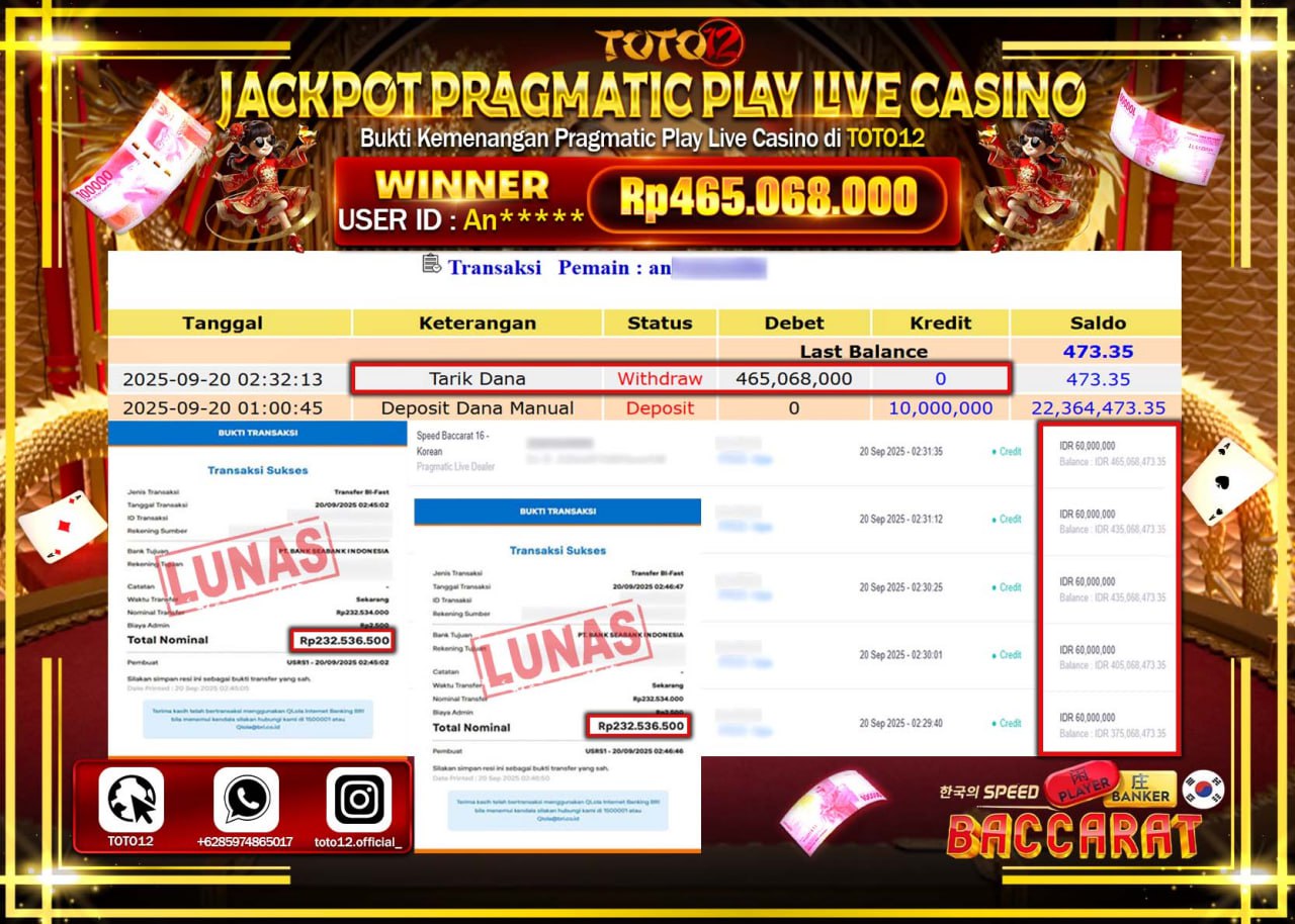HANYA DI TOTO12 JP PASTI DI BAYAR LUNAS DAN CEPAT!!!!!! JACKPOT PRAGMATIC PLAY LIVE CASINO (SPEED BACCARAT 16 KOREAN) Rp.465.068.000 !!!!