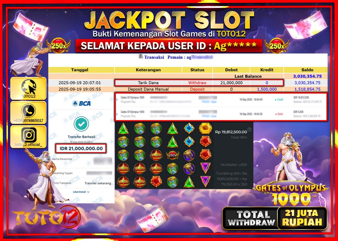 HANYA DI TOTO12 JP PASTI DI BAYAR LUNAS DAN CEPAT!!!!!! JACKPOT SLOT GAME (GATES OF OLYMPUS 1000) Rp.21.000.000 !!!!