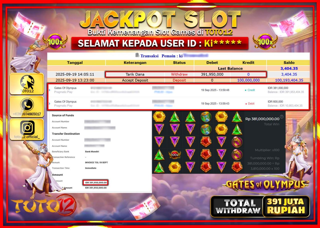 HANYA DI TOTO12 JP PASTI DI BAYAR LUNAS DAN CEPAT!!!!!! JACKPOT SLOT GAME (GATES OF OLYMPUS) Rp.391.950.000 !!!!