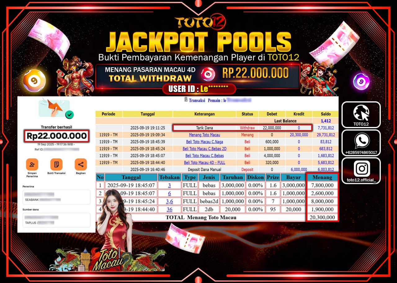 HANYA DI TOTO12 JP PASTI DI BAYAR LUNAS DAN CEPAT!!!!!! JACKPOT POOLS PASARAN (MACAU 4D) Rp.22.000.000 !!!!