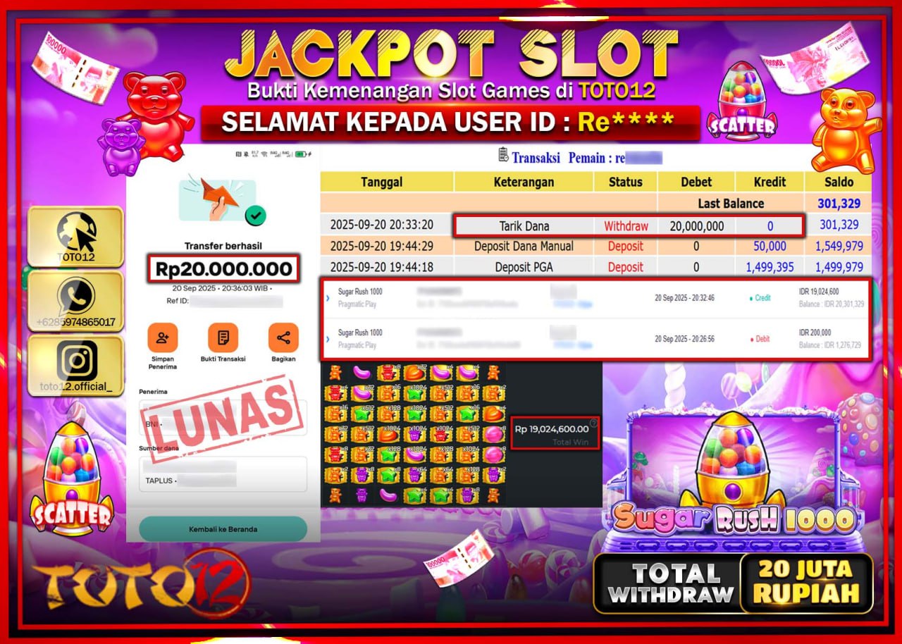 HANYA DI TOTO12 JP PASTI DI BAYAR LUNAS DAN CEPAT!!!!!! JACKPOT SLOT GAME (SUGAR RUSH 1000) Rp.20.000.000 !!!!