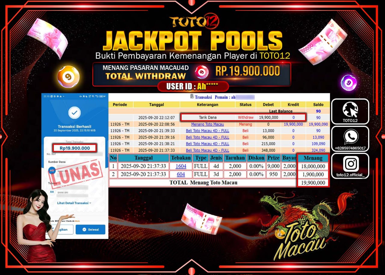HANYA DI TOTO12 JP PASTI DI BAYAR LUNAS DAN CEPAT!!!!!! JACKPOT POOLS PASARAN (MACAU 4D) Rp.19.900.000 !!!!
