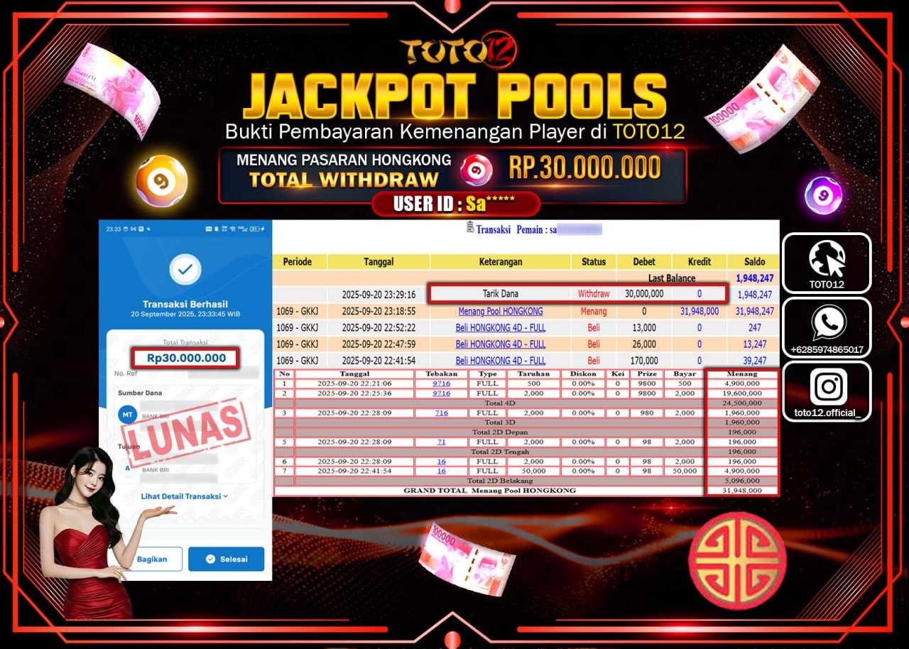 HANYA DI TOTO12 JP PASTI DI BAYAR LUNAS DAN CEPAT!!!!!! JACKPOT POOLS PASARAN (HONGKONG) Rp.30.000.000 !!!!