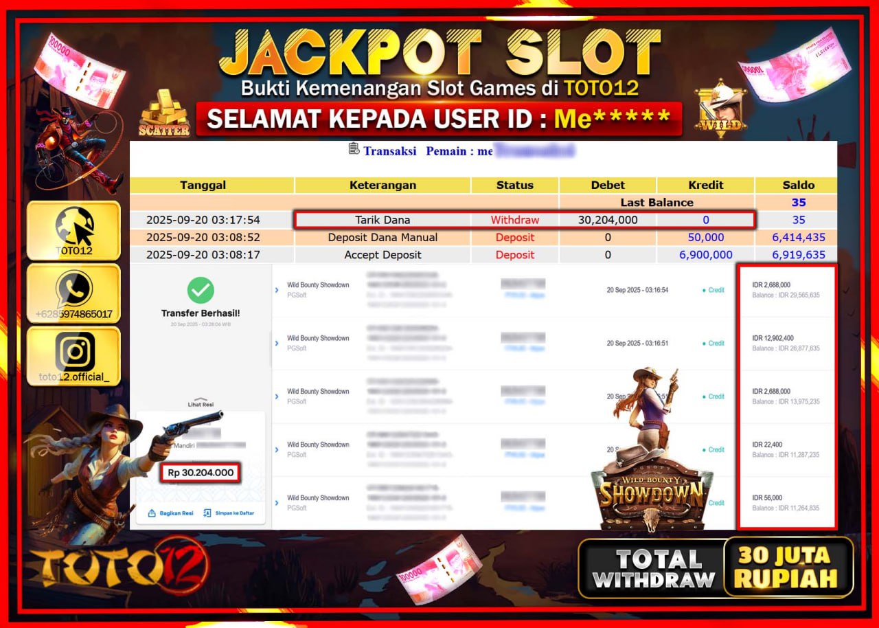 HANYA DI TOTO12 JP PASTI DI BAYAR LUNAS DAN CEPAT!!!!!! JACKPOT SLOT GAME (WILD BOUNTY SHOWDOWN) Rp.30.204.000 !!!!