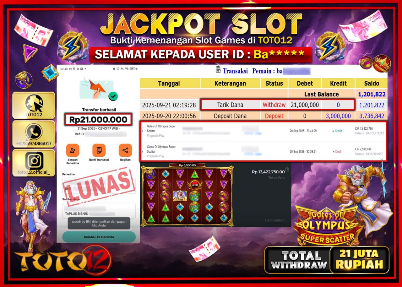 HANYA DI TOTO12 JP PASTI DI BAYAR LUNAS DAN CEPAT!!!!!! JACKPOT SLOT GAME (GATES OF OLYMPUS SUPER SCATTER) Rp.21.000.000 !!!!