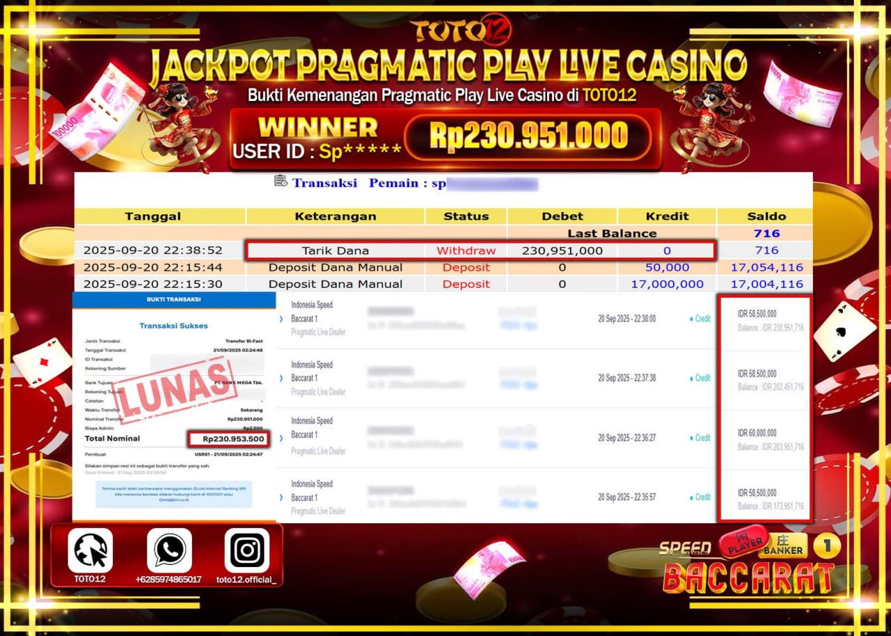 HANYA DI TOTO12 JP PASTI DI BAYAR LUNAS DAN CEPAT!!!!!! JACKPOT PRAGMATIC PLAY LIVE CASINO (INDONESIA SPEED BACCARAT 1) Rp.230.951.000 !!!!