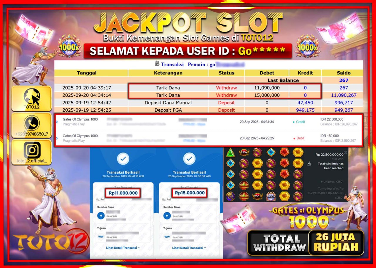 HANYA DI TOTO12 JP PASTI DI BAYAR LUNAS DAN CEPAT!!!!!! JACKPOT SLOT GAME (GATES OF OLYMPUS 1000) Rp.26.090.000 !!!!