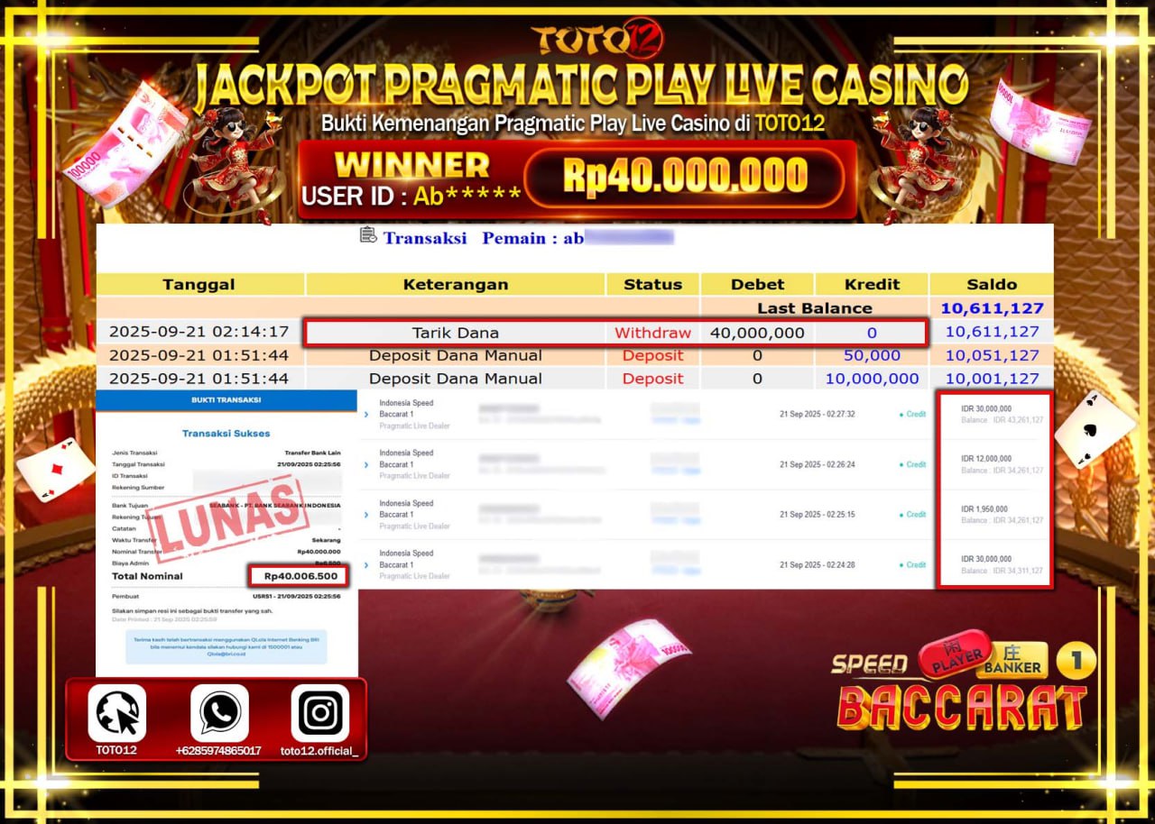 HANYA DI TOTO12 JP PASTI DI BAYAR LUNAS DAN CEPAT!!!!!! JACKPOT PRAGMATIC PLAY LIVE CASINO (INDONESIA SPEED BACCARAT 1) Rp.40.000.000 !!!!