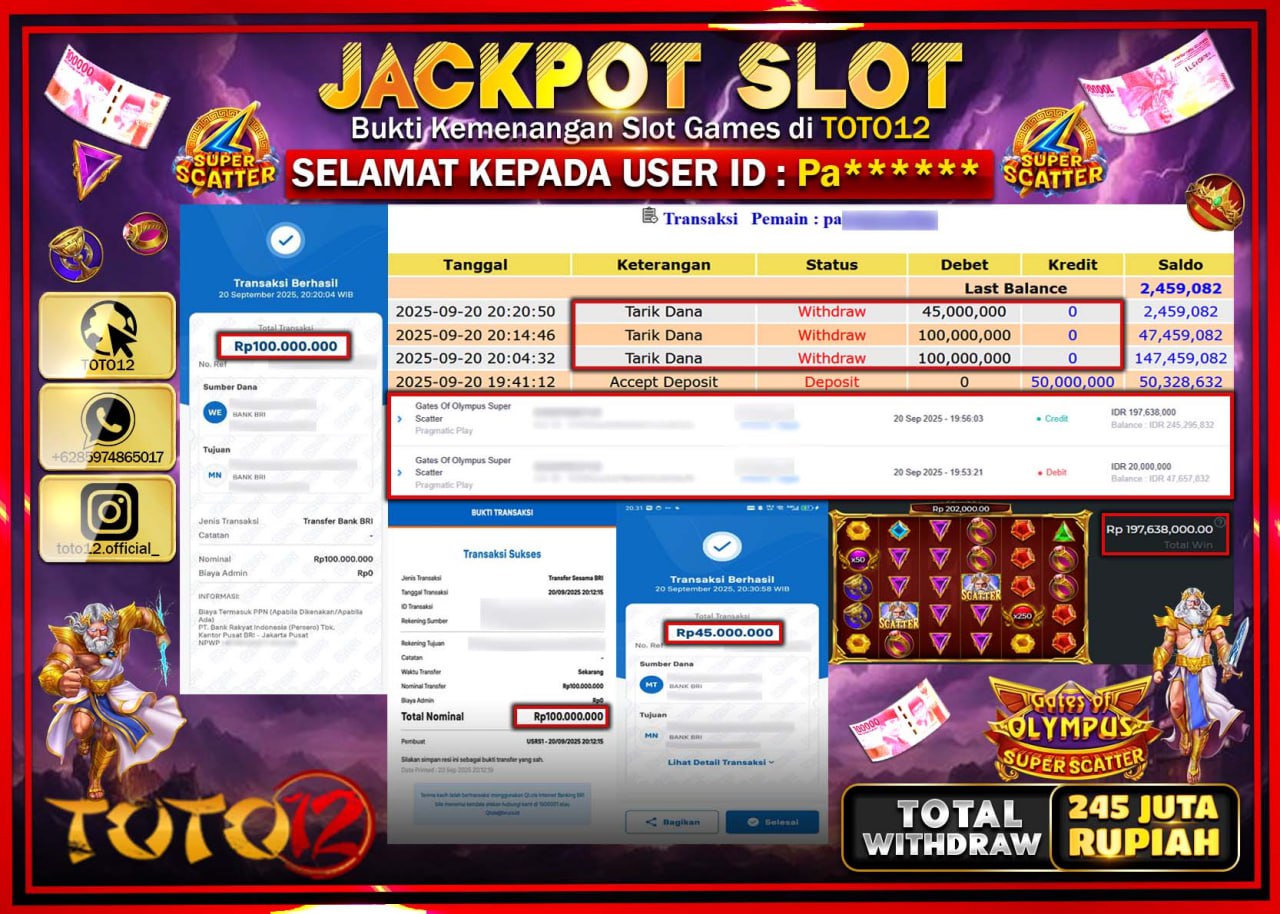HANYA DI TOTO12 JP PASTI DI BAYAR LUNAS DAN CEPAT!!!!!! JACKPOT SLOT GAME (GATES OF OLYMPUS SUPER SCATTER) Rp.245.000.000 !!!!