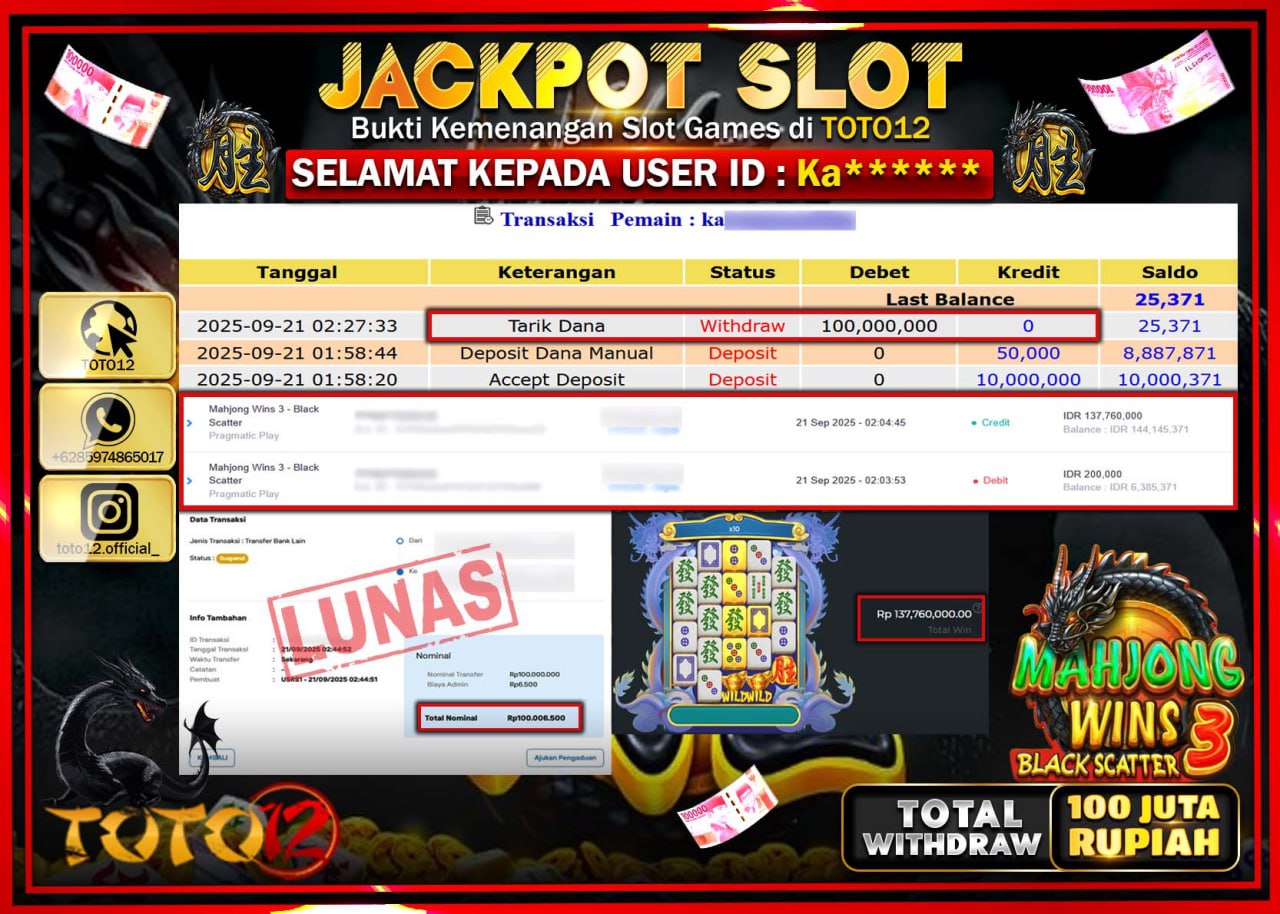 HANYA DI TOTO12 JP PASTI DI BAYAR LUNAS DAN CEPAT!!!!!! JACKPOT SLOT GAME (MAHJONG WINS 3 BLACK SCATTER) Rp.100.000.000 !!!!