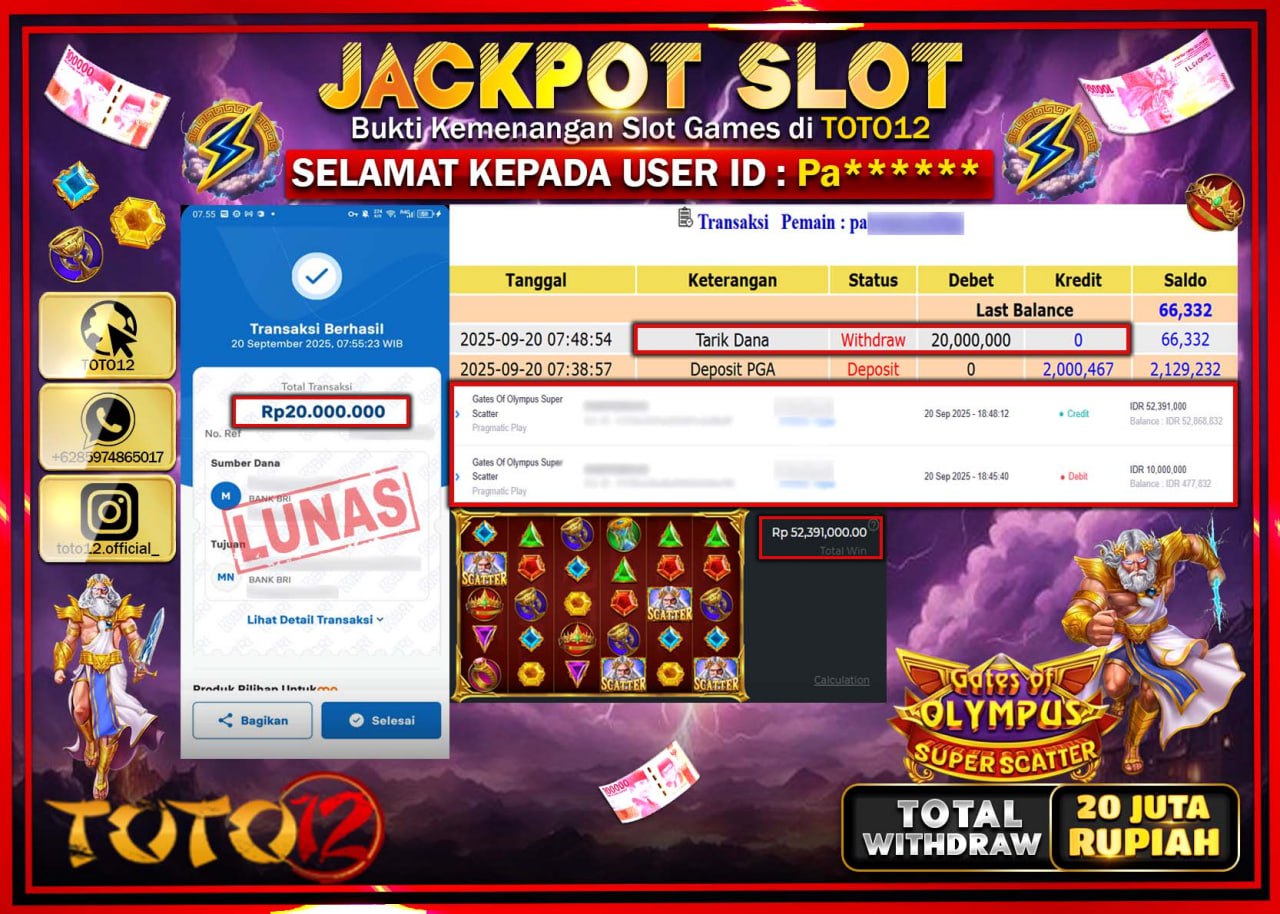 HANYA DI TOTO12 JP PASTI DI BAYAR LUNAS DAN CEPAT!!!!!! JACKPOT SLOT GAME (GATES OF OLYMPUS SUPER SCATTER) Rp.20.000.000 !!!!