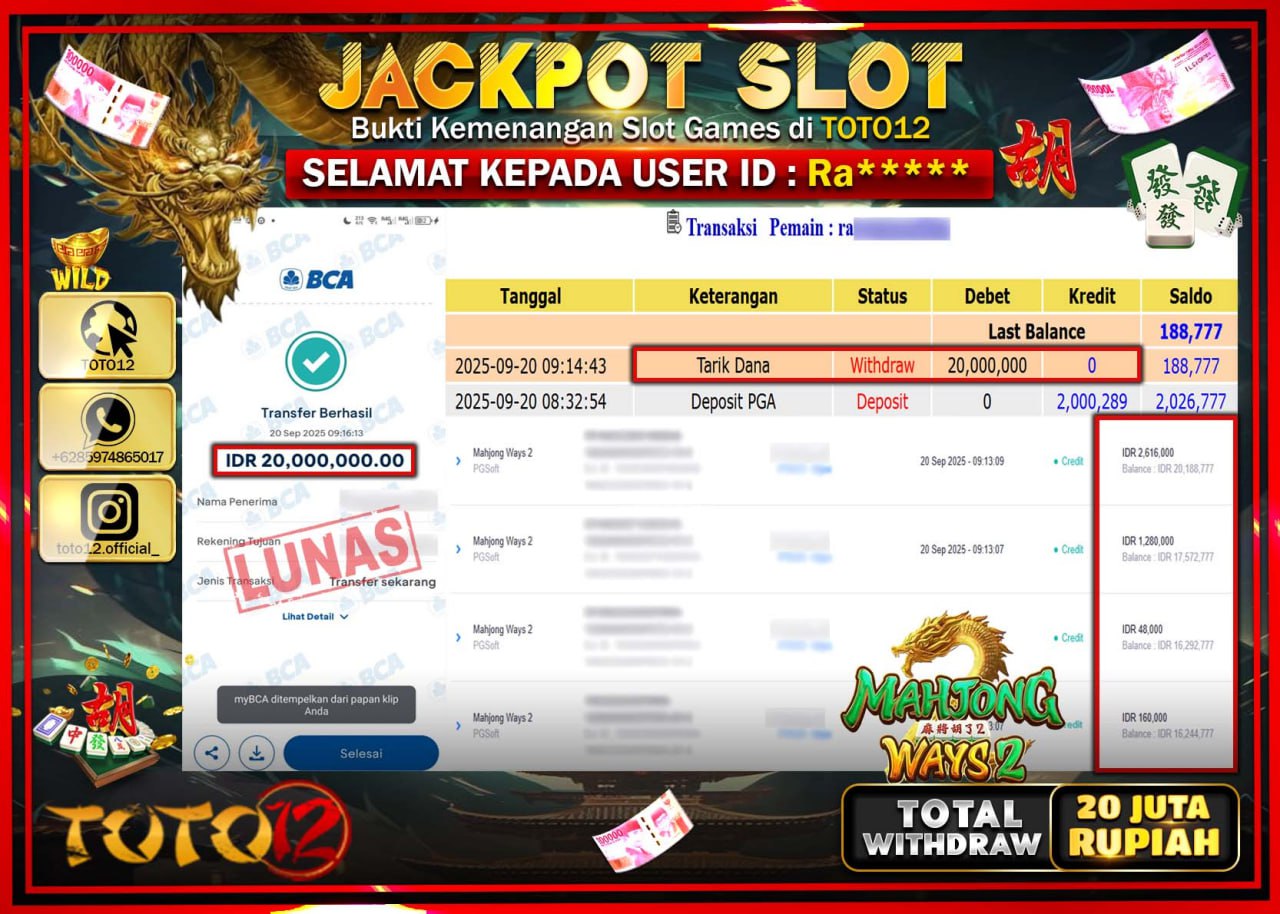 HANYA DI TOTO12 JP PASTI DI BAYAR LUNAS DAN CEPAT!!!!!! JACKPOT SLOT GAME (MAHJONG WAYS 2) Rp.20.000.000 !!!!
