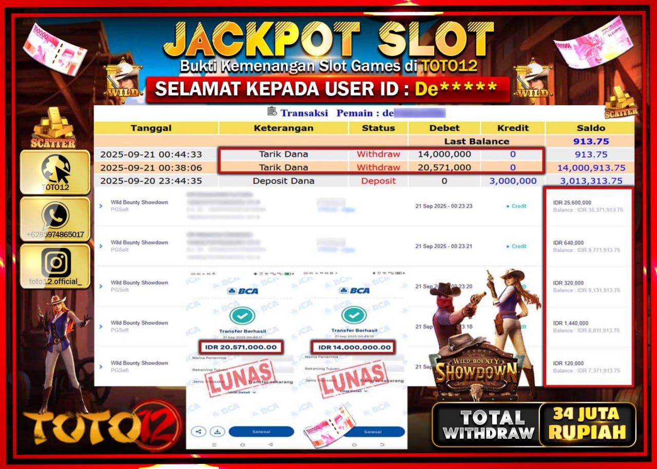 HANYA DI TOTO12 JP PASTI DI BAYAR LUNAS DAN CEPAT!!!!!! JACKPOT SLOT GAME (WILD BOUNTY SHOWDOWN) Rp.34.571.000 !!!!
