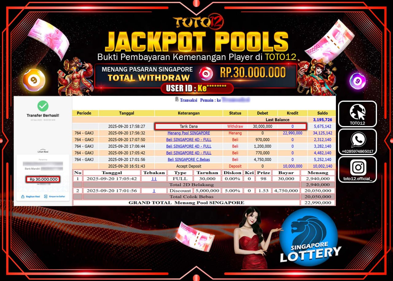 HANYA DI TOTO12 JP PASTI DI BAYAR LUNAS DAN CEPAT!!!!!! JACKPOT POOLS PASARAN (SINGAPORE) Rp.30.000.000 !!!!