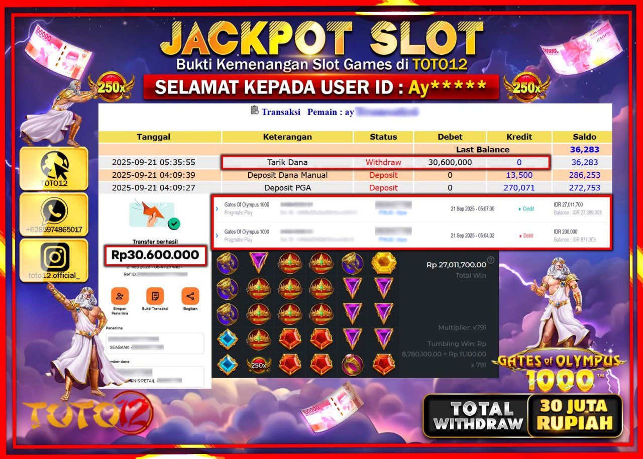 HANYA DI TOTO12 JP PASTI DI BAYAR LUNAS DAN CEPAT!!!!!! JACKPOT SLOT GAME (GATES OF OLYMPUS 1000) Rp.30.600.000 !!!!