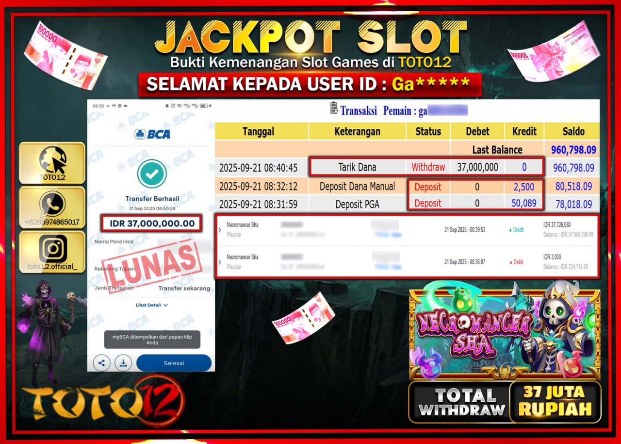 HANYA DI TOTO12 JP PASTI DI BAYAR LUNAS DAN CEPAT!!!!!! JACKPOT SLOT GAME (NECROMANCER SHA) Rp.37.000.000 !!!!