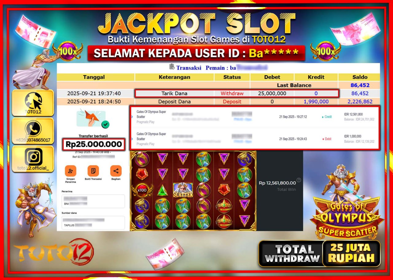 HANYA DI TOTO12 JP PASTI DI BAYAR LUNAS DAN CEPAT!!!!!! JACKPOT SLOT GAME (GATES OF OLYMPUS SUPER SCATTER) Rp.25.000.000 !!!!