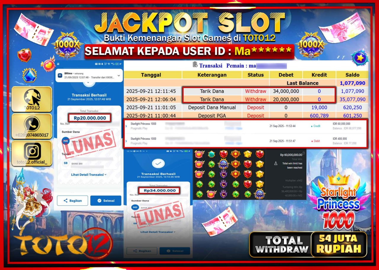 HANYA DI TOTO12 JP PASTI DI BAYAR LUNAS DAN CEPAT!!!!!! JACKPOT SLOT GAME (STARLIGHT PRINCESS 1000) Rp.54.000.000 !!!!