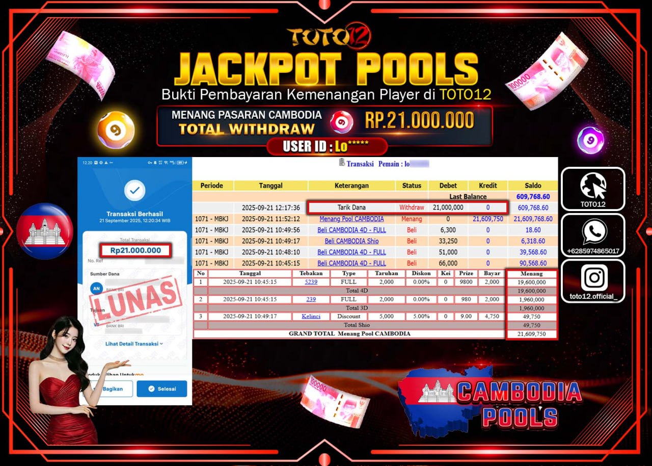 HANYA DI TOTO12 JP PASTI DI BAYAR LUNAS DAN CEPAT!!!!!! JACKPOT POOLS PASARAN (CAMBODIA) Rp21.000.000 !!!!