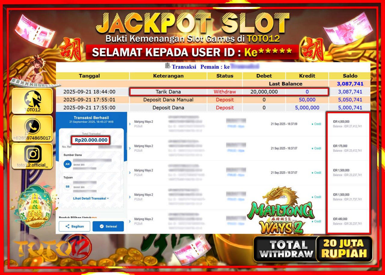 HANYA DI TOTO12 JP PASTI DI BAYAR LUNAS DAN CEPAT!!!!!! JACKPOT SLOT GAME (MAHJONG WAYS 2) Rp.20.000.000 !!!!