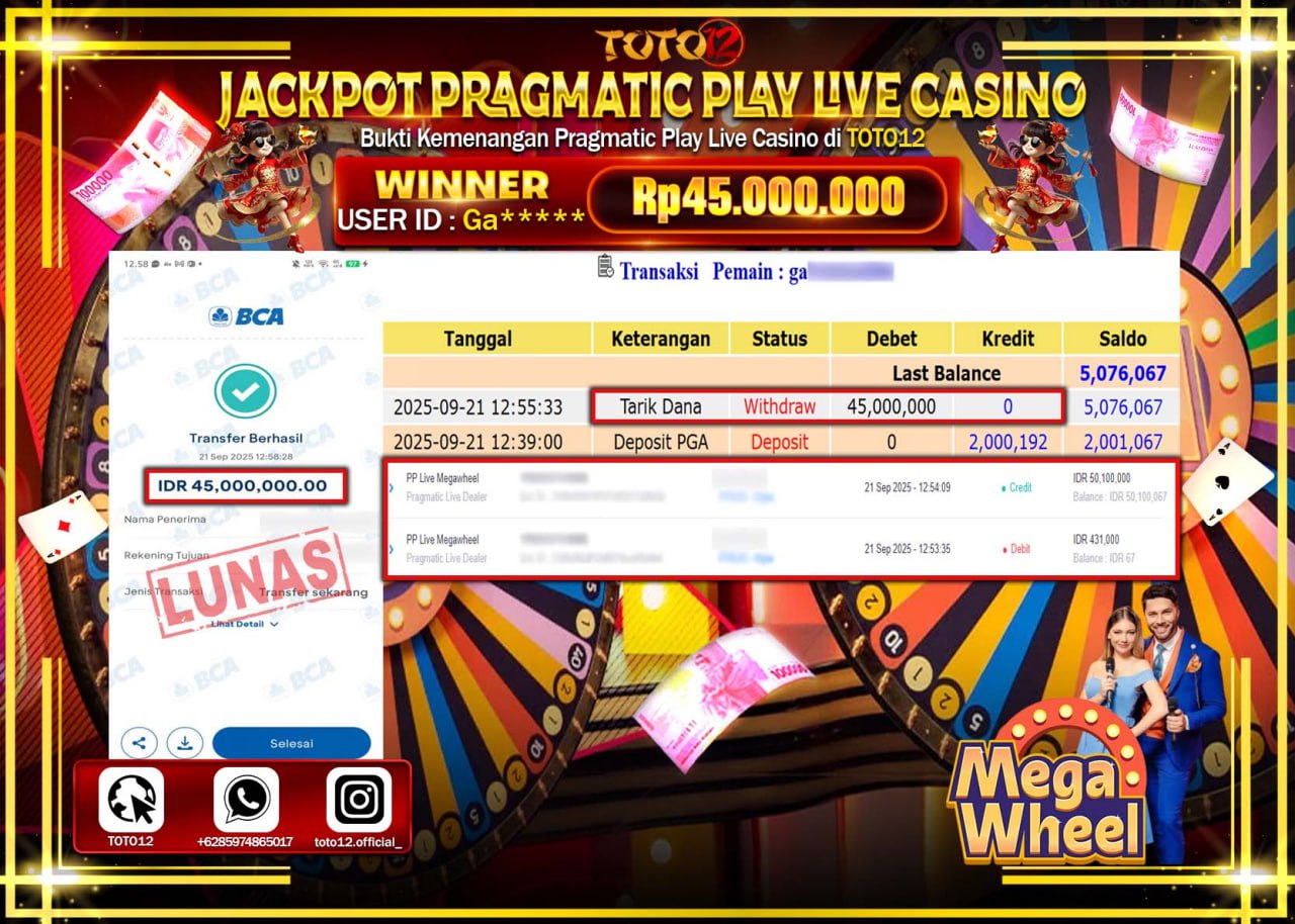 HANYA DI TOTO12 JP PASTI DI BAYAR LUNAS DAN CEPAT!!!!!! JACKPOT PRAGMATIC PLAY LIVE CASINO (MEGA WHEEL) Rp.45.000.000 !!!!