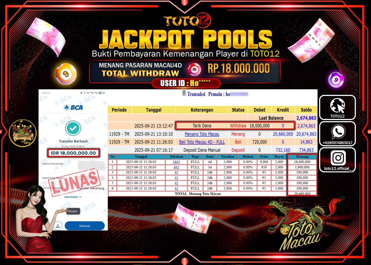 HANYA DI TOTO12 JP PASTI DI BAYAR LUNAS DAN CEPAT!!!!!! JACKPOT POOLS PASARAN (MACAU 4D) Rp.18.000.000 !!!!