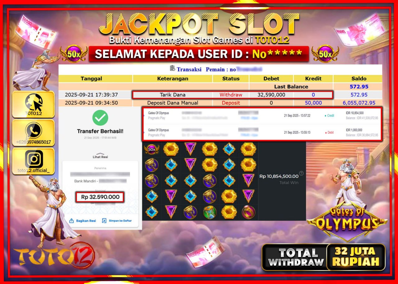 HANYA DI TOTO12 JP PASTI DI BAYAR LUNAS DAN CEPAT!!!!!! JACKPOT SLOT GAME (GATES OF OLYMPUS) Rp.32.590.000 !!!!