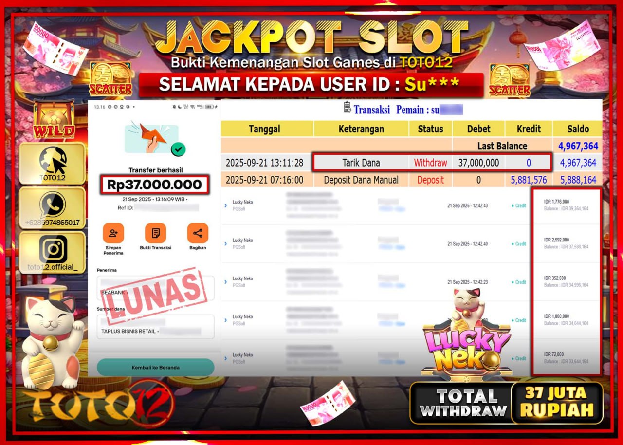 HANYA DI TOTO12 JP PASTI DI BAYAR LUNAS DAN CEPAT!!!!!! JACKPOT SLOT GAME (LUCKY NEKO) Rp.37.000.000 !!!!
