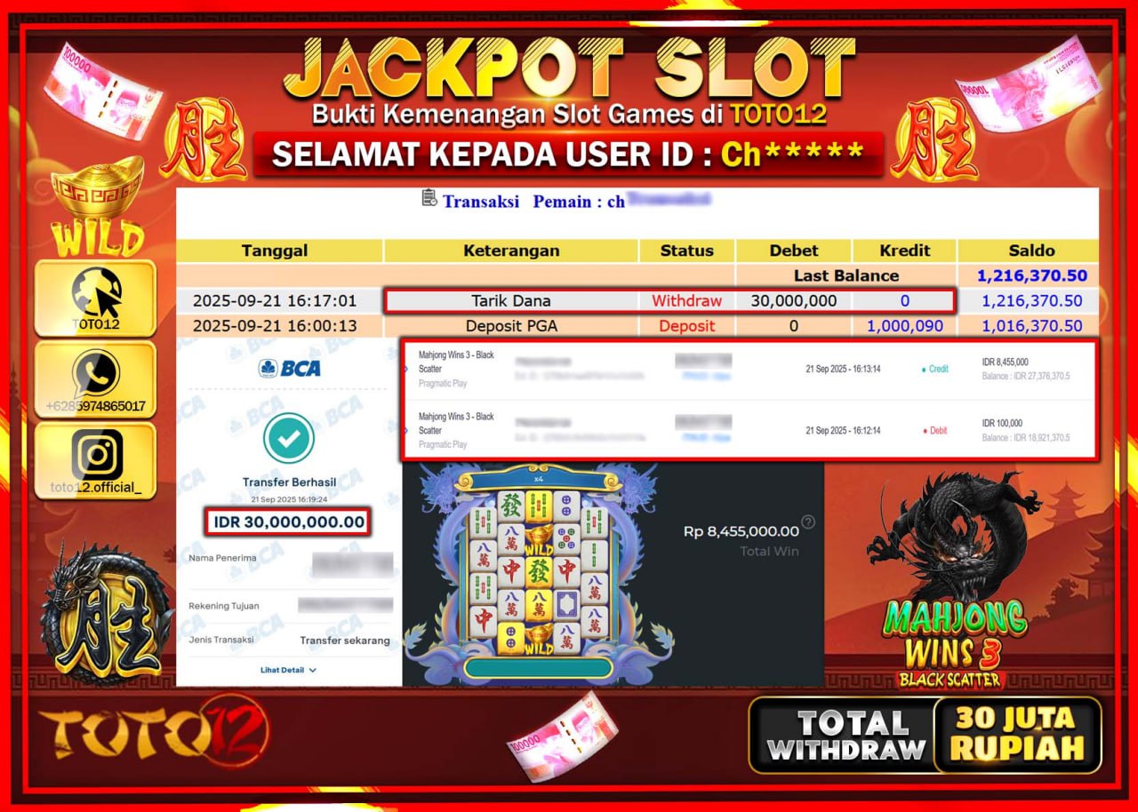 HANYA DI TOTO12 JP PASTI DI BAYAR LUNAS DAN CEPAT!!!!!! JACKPOT SLOT GAME (MAHJONG WINS 3 BLACK SCATTER) Rp.30.000.000 !!!!