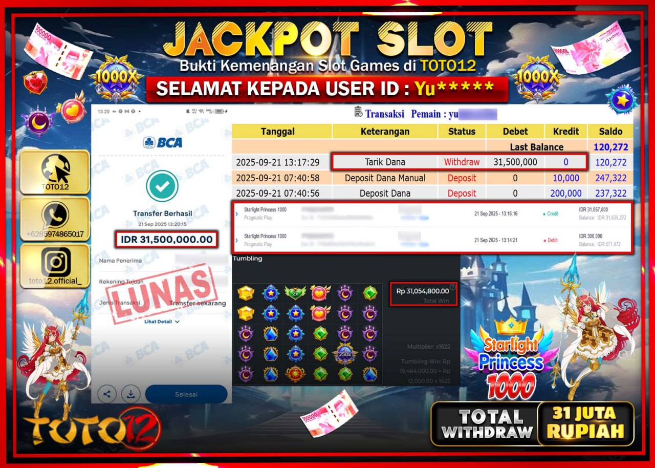 HANYA DI TOTO12 JP PASTI DI BAYAR LUNAS DAN CEPAT!!!!!! JACKPOT SLOT GAME (STARLIGHT PRINCESS 1000) Rp.31.500.000 !!!!