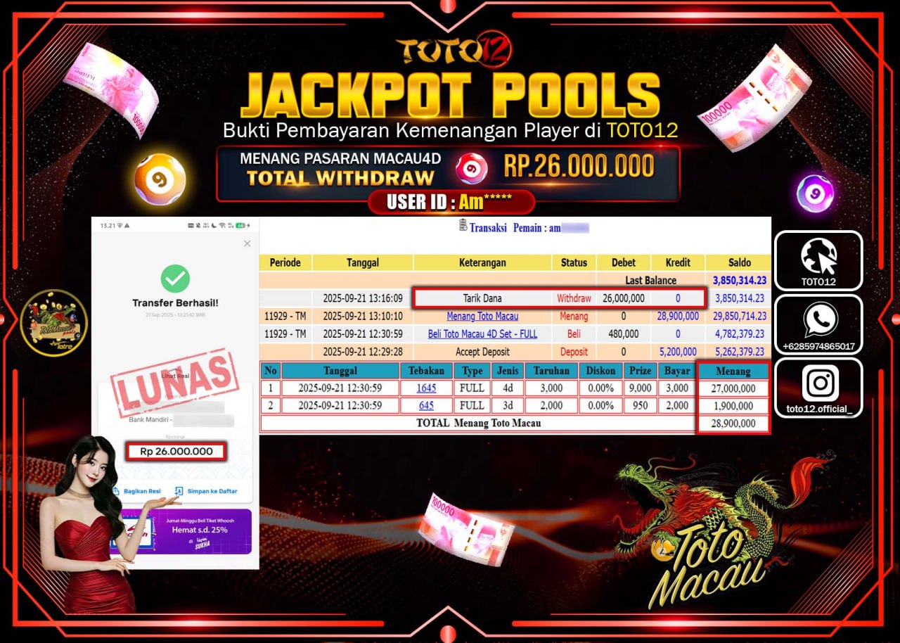 HANYA DI TOTO12 JP PASTI DI BAYAR LUNAS DAN CEPAT!!!!!! JACKPOT POOLS PASARAN (MACAU 4D) Rp.26.000.000 !!!!